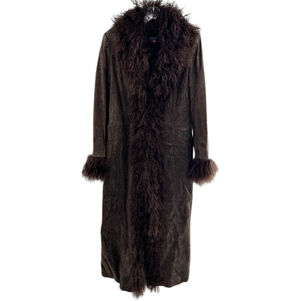 Camimilla Italia Pig Leather Suede Penny Lane Coat Brown Sz L Ornate Faux Fur